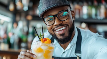 A cheerful bartender in a hat and glasses presents a colorful cocktail with fruit garnishes at a lively bar, showcasing a sense of hospitality and joy.