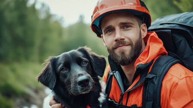 An energetic rescuer clad in orange safety gear poses with a loyal black dog in a forest setting, expressing companionship and readiness amidst nature's tranquility.