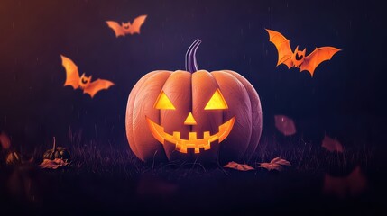 A spooky Halloween pumpkin with glowing eyes and bats in a dark setting, perfect for seasonal decorations.