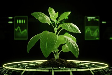 A vibrant green plant grows in a digital setting, showcasing innovation in agriculture and technology. Ideal for eco-friendly themes.
