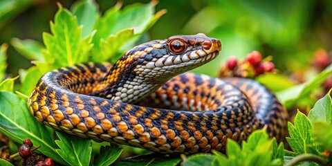 Obraz premium Close-Up of a Beautiful Adder Snake Coiled Among Green Leaves in Its Natural Habitat