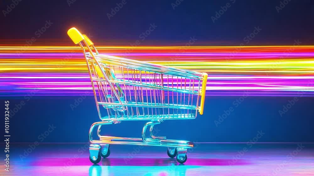 Poster a shopping cart is captured in motion, racing through colorful lights that create a dynamic atmosphe