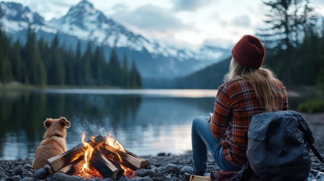 Sitting by a peaceful lakeside campfire, a woman and her faithful dog relax, enjoying the evening under the magnificent backdrop of snowy mountain peaks.