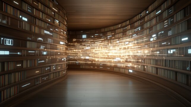 A library in a modern digital world [books turning into streams of light and data elegant and futuristic]