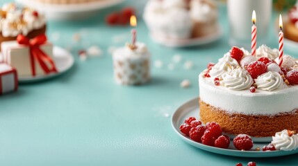 A delicious birthday cake garnished with fresh raspberries and cream, accented by lit candles, placed alongside beautifully wrapped gifts on a vibrant teal background.