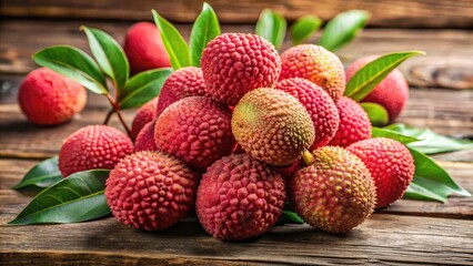 Fresh lychee fruits displayed on a rustic wooden table, their vibrant colors and distinctive textures illuminated by warm natural light, creating an inviting and appetizing scene.