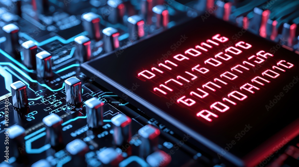 Poster close-up view of a circuit board with illuminated led display and intricate electronic components.