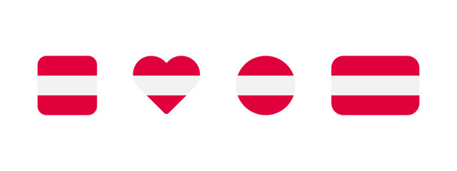 Austrian flag icon. Flag of Austria vector sign. Austrian national banner. Emblem of Austria. Multicolor banner in four different shapes: square, heart, circle and rectangle. Vienna symbol.
