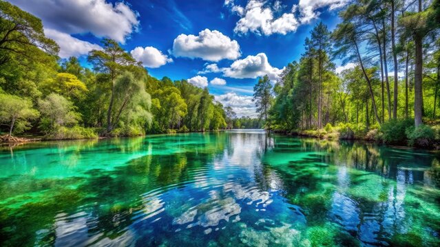 Ginnie Springs offers tranquil waters embraced by vibrant greenery beneath expansive blue skies, creating a picturesque oasis ideal for relaxation and exploring nature&acirc;&euro;&trade;s beauty.