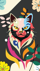 A colorful and stylized illustration of a cat, depicted with vibrant abstract patterns and surrounded by artistic floral elements on a dark background, symbolizing creativity.