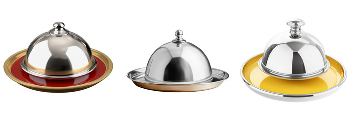 Fototapeta premium Set of a shiny stainless steel cloche and tray, isolated on a transparent background.