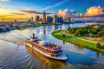 Fototapeta premium Historic Steamboat on the Mississippi River in New Orleans with Scenic Views of the City Skyline