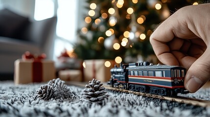 A person’s hand delicately adjusts a vintage-style train model by a Christmas tree, flanked by snow-dusted pinecones and wrapped gifts emitting a warm holiday glow.
