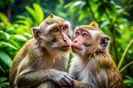 In a vibrant tropical forest, a playful monkey couple tenderly grooms each other, surrounded by lush greenery and colorful flora, showcasing their affectionate bond.