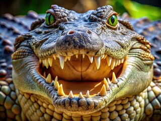 Obraz premium Close-up of a crocodile mouth showcasing sharp teeth and textured skin against a natural background