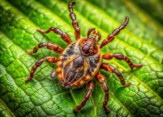 Close-up of a deer tick nymph on green leaf, showcasing details of its body and natural habitat