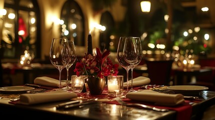 Immerse yourself in the opulent ambiance of a bustling restaurant. The warm glow of candles and delicate blooms create a cozy atmosphere for a luxurious dining experience.