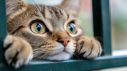 A wide-eyed cat gazes with undeniable wonder and anticipation through a gap, its lively expression and large eyes reflecting curiosity about the unseen.