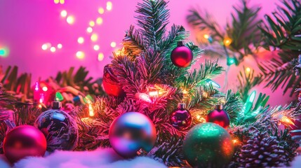 Retro 90s Christmas decor with neon lights, bold holiday patterns, and bright ornaments, perfect for creating a nostalgic holiday background full of color and cheer.