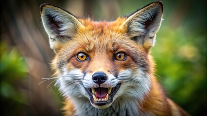 Fototapeta premium Close-Up of a Fox's Mouth Highlighting Its Sharp Teeth and Vibrant Fur in a Natural Setting