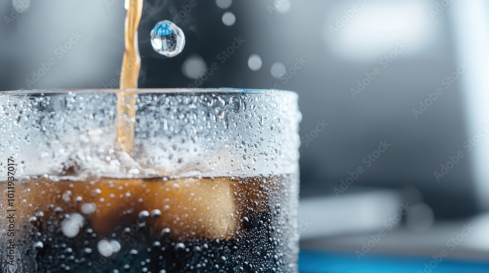 Poster this image captures a close-up view of a refreshing soda being poured into a glass filled with ice, 