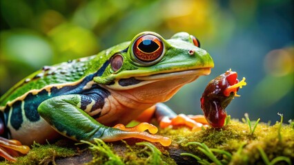 Image of Close-up of a frog swallowing its prey in nature, showcasing the fascinating feeding behavior of amphibians printed on Printed Glass Wall Art