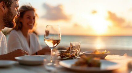 Two people enjoy a romantic dinner at a beachside table as the sun sets, featuring a glass of white wine and beautifully presented dishes, creating a serene ambiance.