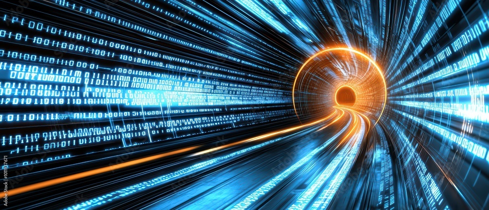 Aufkleber futuristic tunnel with glowing lights and data streams, creating a sense of speed and movement.