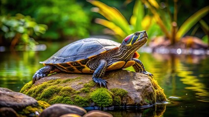 Fototapeta premium Close-up of a Hog-nosed Turtle Resting on a Rock Under Natural Light in a Serene Environment