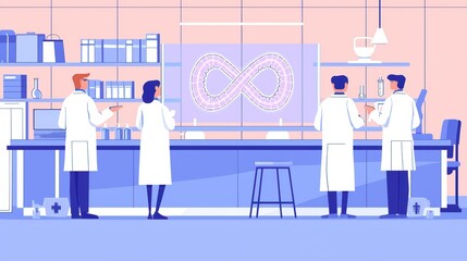 Group of scientists discussing research in a modern laboratory with advanced technology and scientific equipment.