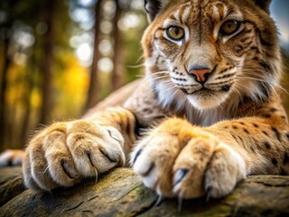 Fototapeta premium Close-up of a majestic lynx paw showcasing its sharp claws and unique fur in a natural setting