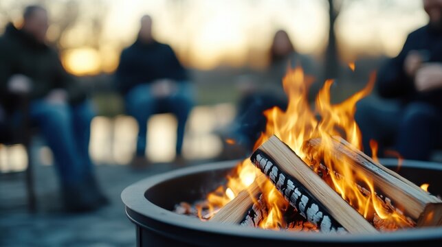 A group of friends sits in a circle around a glowing evening fire pit, sharing stories and laughter amid a scenic winter background, capturing an intimate warm moment.