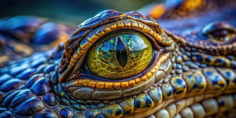 Obraz premium Close-Up of an Alligator Eye with Intricate Patterns Reflecting the Surrounding Environment