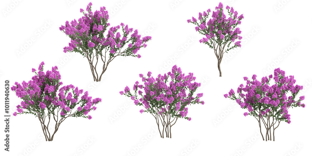 Poster set of crepe myrtle trees on transparent background
