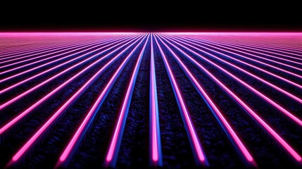 Vibrant neon lines create a mesmerizing perspective on a dark background, ideal for modern graphic designs.