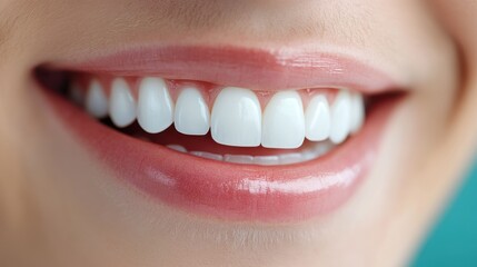 Obraz premium Close-up image of a person's mouth showing bright, white teeth and glossy lips, capturing a radiant and healthy smile in a high-definition photograph.