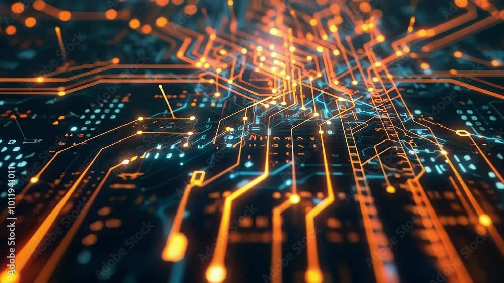 Poster orange and blue lights illuminate the components of a computer circuit board, representing the power