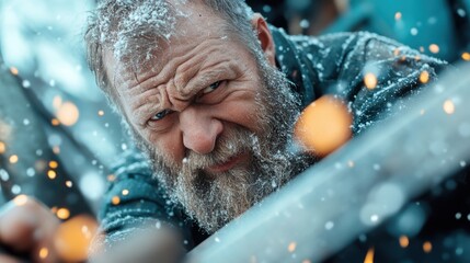 A courageous bearded warrior braves the harsh winter elements amidst falling snow and fierce sparks, capturing the essence of medieval determination.