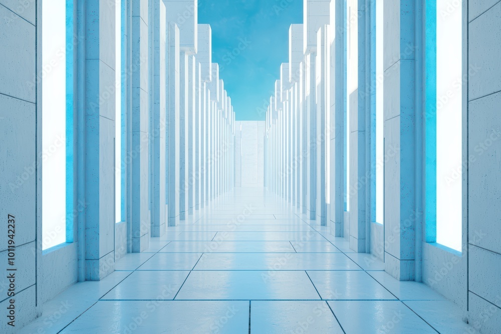 Poster a futuristic corridor with bright lighting and sleek architecture, emphasizing perspective and space