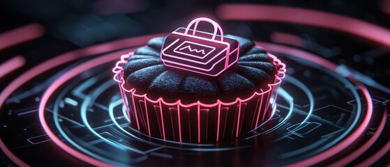 A futuristic cupcake design topped with a glowing padlock, showcasing a blend of dessert and technology.