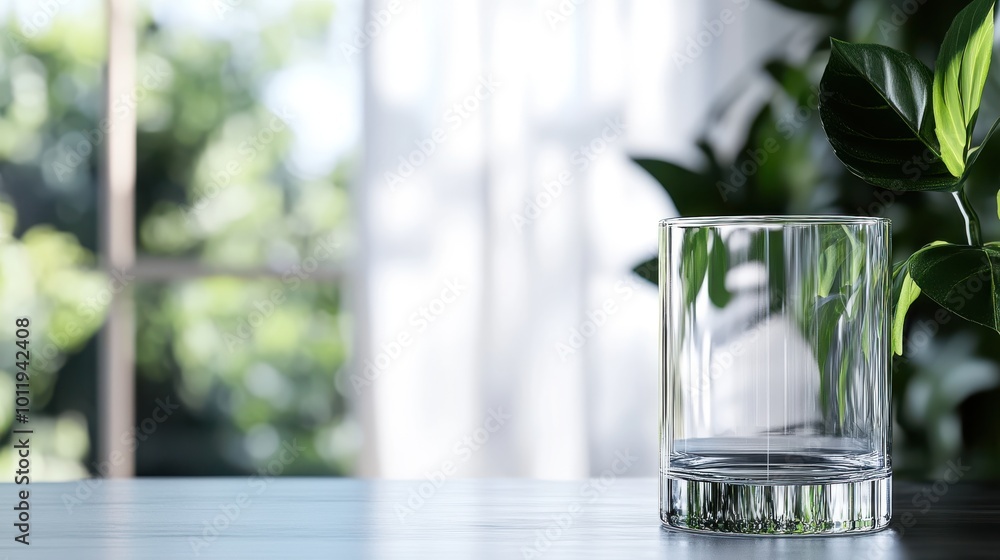 Poster a modern empty glass sits in front of lush green plants with diffused natural light, creating a peac