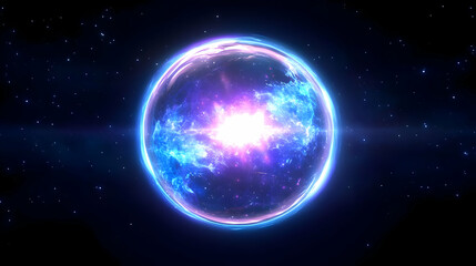 Fototapeta premium A Vibrant, Glowing Orb of Energy Explodes with Light and Color, Surrounded by a Scattered Field of Stars Against a Deep Blue Space