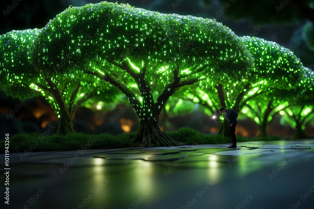 Poster A magical forest where trees hold encrypted data, with a thief unlocking the secrets, representing data theft in a fantastical, enchanted world