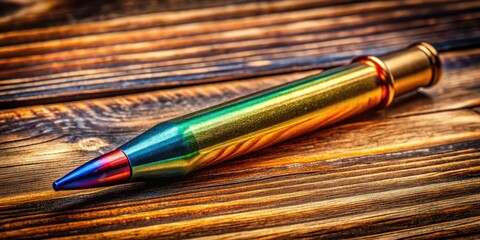 Close-Up of a Single Bullet Cartridge for a Modern Sporting Rifle on a Wooden Background Surface