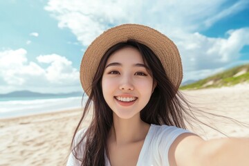 Beautiful young Asian woman in a hat taking selfie on the tropical ocean beach on sunny day. Happy smiling female tourist at the seaside on summer vacation