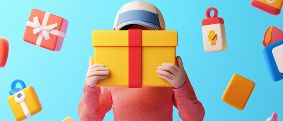 A person holding a vibrant gift box against a playful background filled with colorful icons representing celebrations.