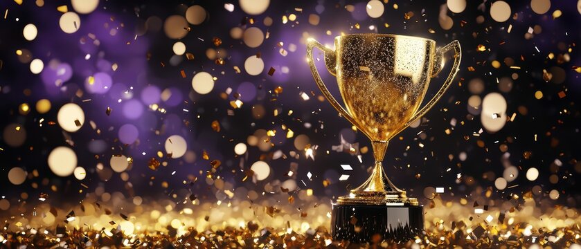A shining trophy on a festive background with confetti and glowing lights, symbolizing achievement and celebration.