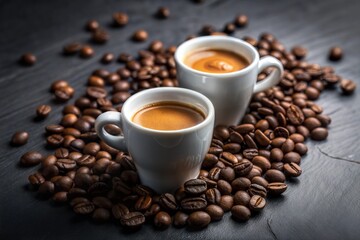 Fototapeta premium Espresso cups surrounded by coffee beans on dark surface