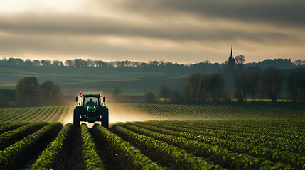 Obraz premium A Green Tractor Drives Through Rows of Crops in a Field at Sunset, with a Church Silhouetted in the Distance