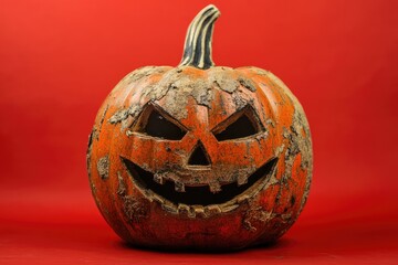 Carved Jack-o'-Lantern Pumpkin with Gnarled Surface and Evil Grin